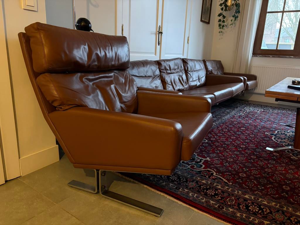Vintage lederen sofa’s: 3-zit + 1-zit + relax, Huis en Inrichting, Ophalen, Rechte bank, 200 tot 250 cm, Vierpersoons of meer