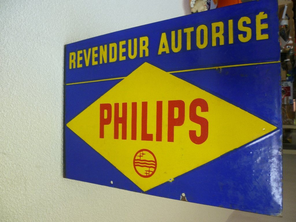 EMAILLE RECLAMEBORD"ERKENDE PHILIPS VERKOPER"UIT JAREN 50, Ophalen of Verzenden, Gebruikt, Reclamebord
