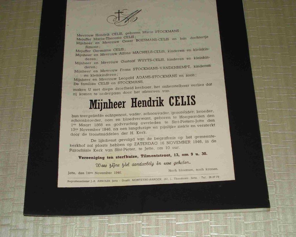 Doodsbrief Hoegaarden 1946 Celis, Verzenden, Rouwkaart