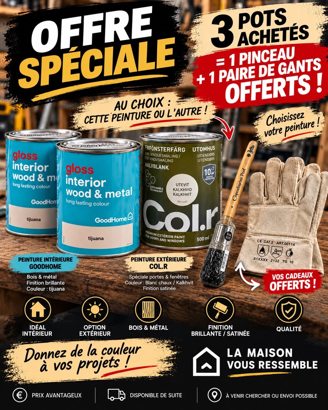 Peinture neuve int/ext – 3 pots = pinceau + gants offerts, Bricolage & Construction, Enlèvement ou Envoi, Neuf, Autres types