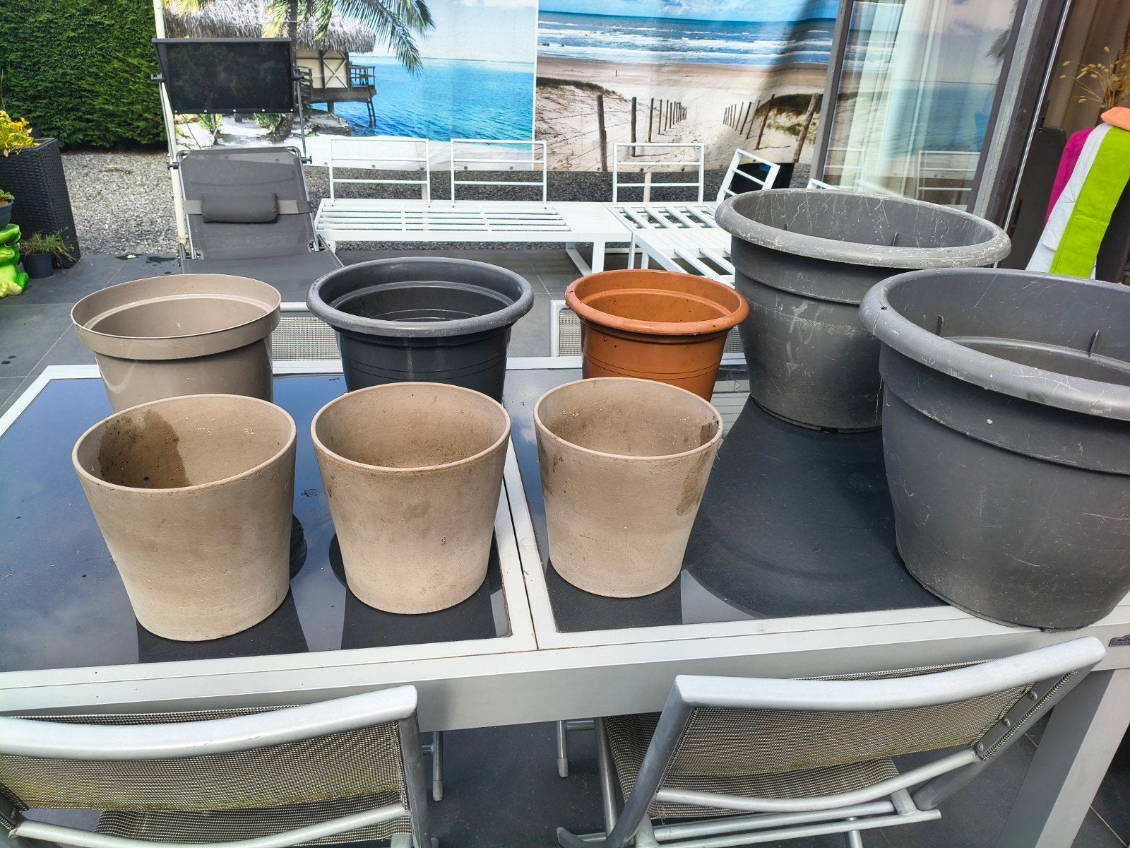 Diverse bloempotten steen en plastiek, Tuin en Terras, Ophalen, Steen