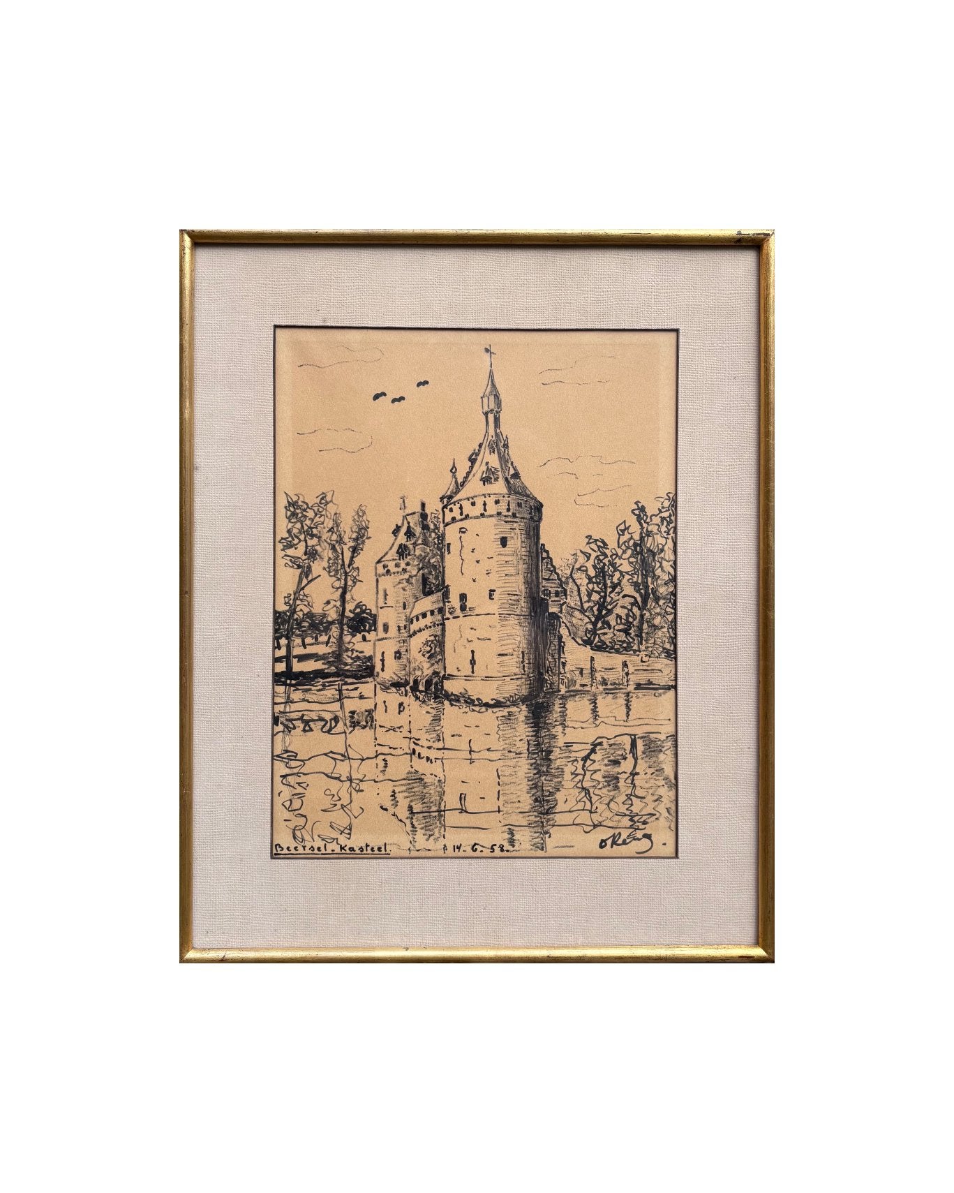 Dessin au fusain et à la plume du château de Beersel (BXL), Antiquités & Art, Enlèvement ou Envoi, Dessin, Dessin au fusain, Sous verre