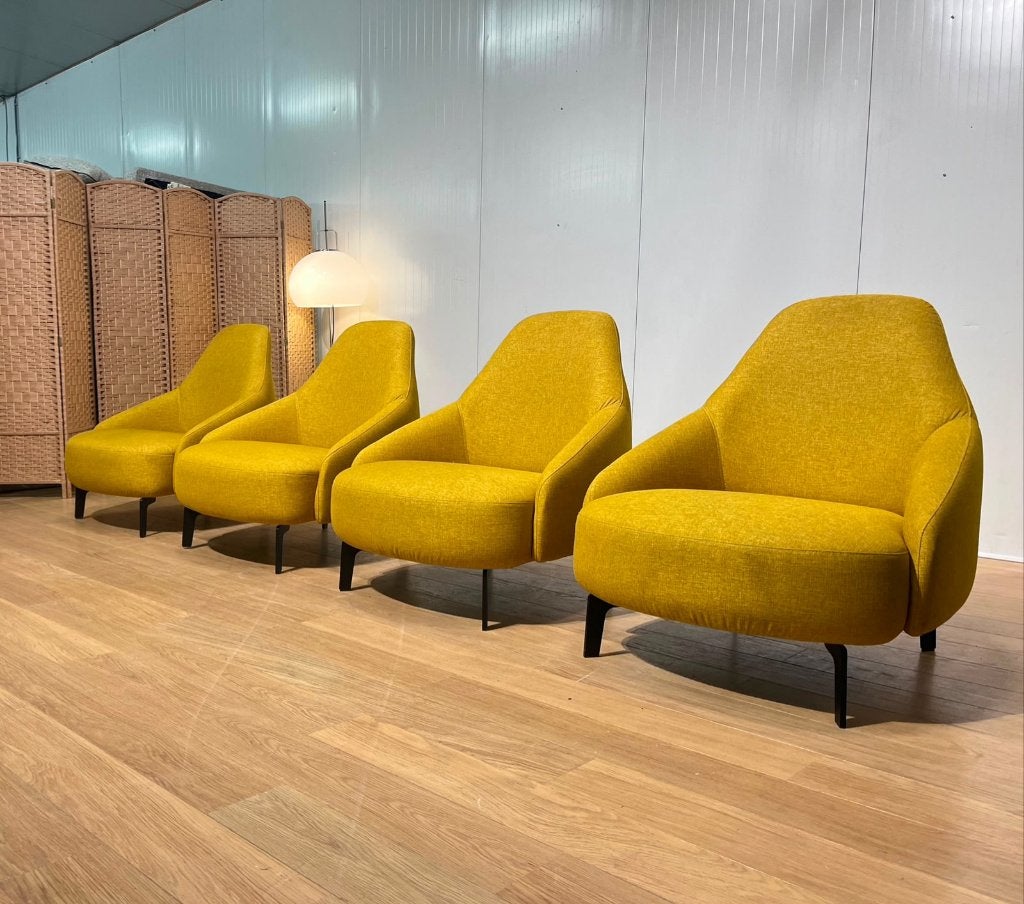 Nieuwstaat 4x Leolux Jill Fauteuil Geel, Huis en Inrichting, Design Fauteuils Leolux, 75 tot 100 cm, Ophalen of Verzenden, Zo goed als nieuw