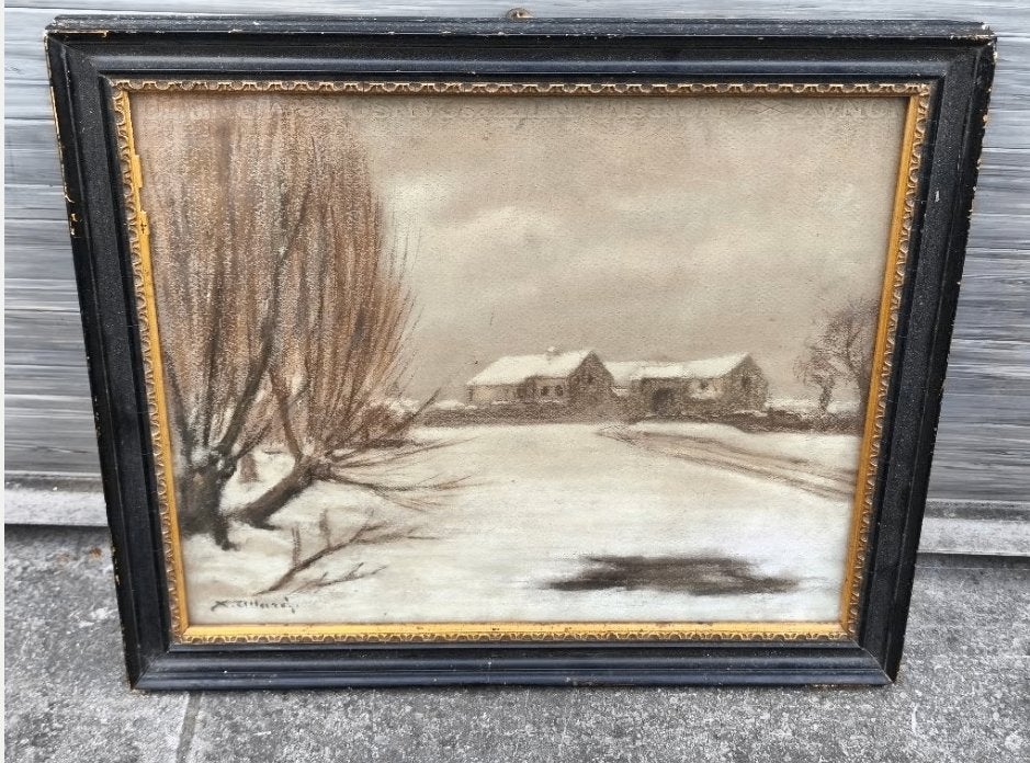 Pastel paysage enneigé signe Xavier allard, Antiquités & Art, Enlèvement ou Envoi, Pastel, Paysage