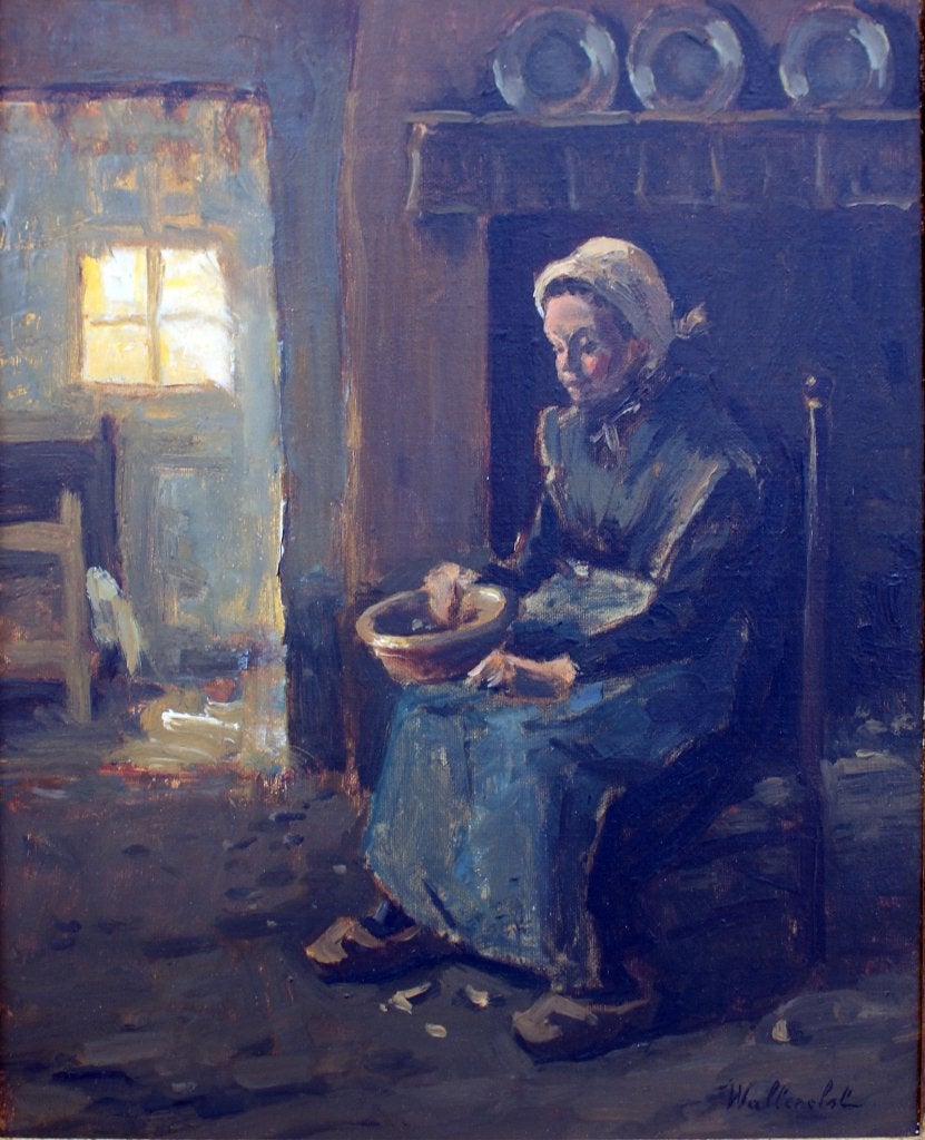 Walter Elst (1955): Vrouw bij de haard (O/D, 38 x 43 cm, Antiquités & Art, Enlèvement ou Envoi, Signé, Autres sujets