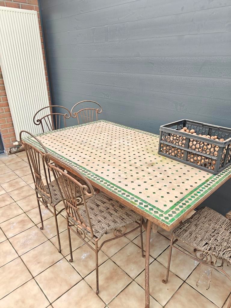 Tafel en 6 stoelen gietijzer, Tuin en Terras, Ophalen