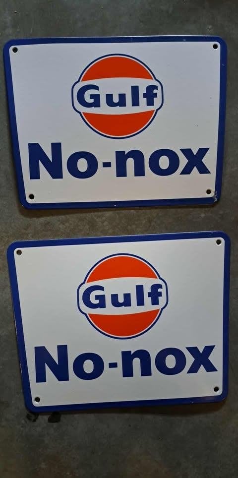 Gulf no-nox en Good Guld emaillen benzine pomp reclame bord, Verzamelen, Ophalen of Verzenden, Gebruikt, Reclamebord