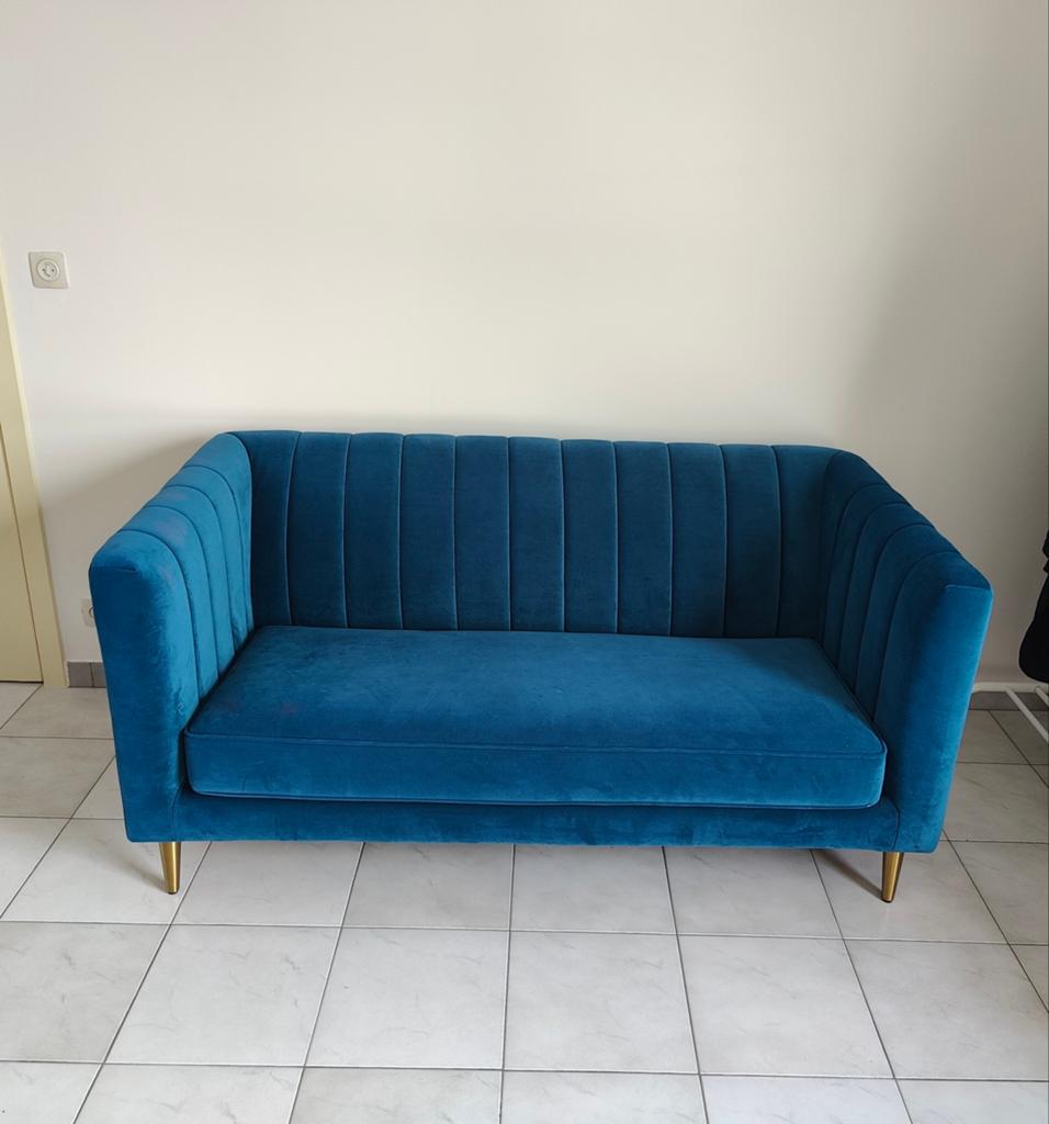 Prachtige velvet fluweelblauwe zetel, Huis en Inrichting, Zetels | Zetels en Chaises Longues, Ophalen