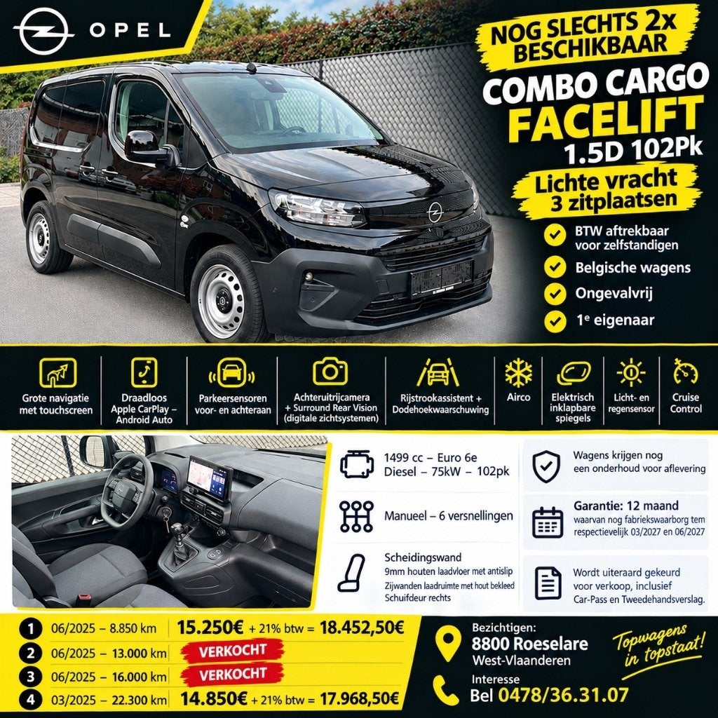 2x Prachtige Facelift Opel Combo Cargo 1.5D 102Pk -2025-, Auto's, 75 kW, Zwart, Diesel, Particulier