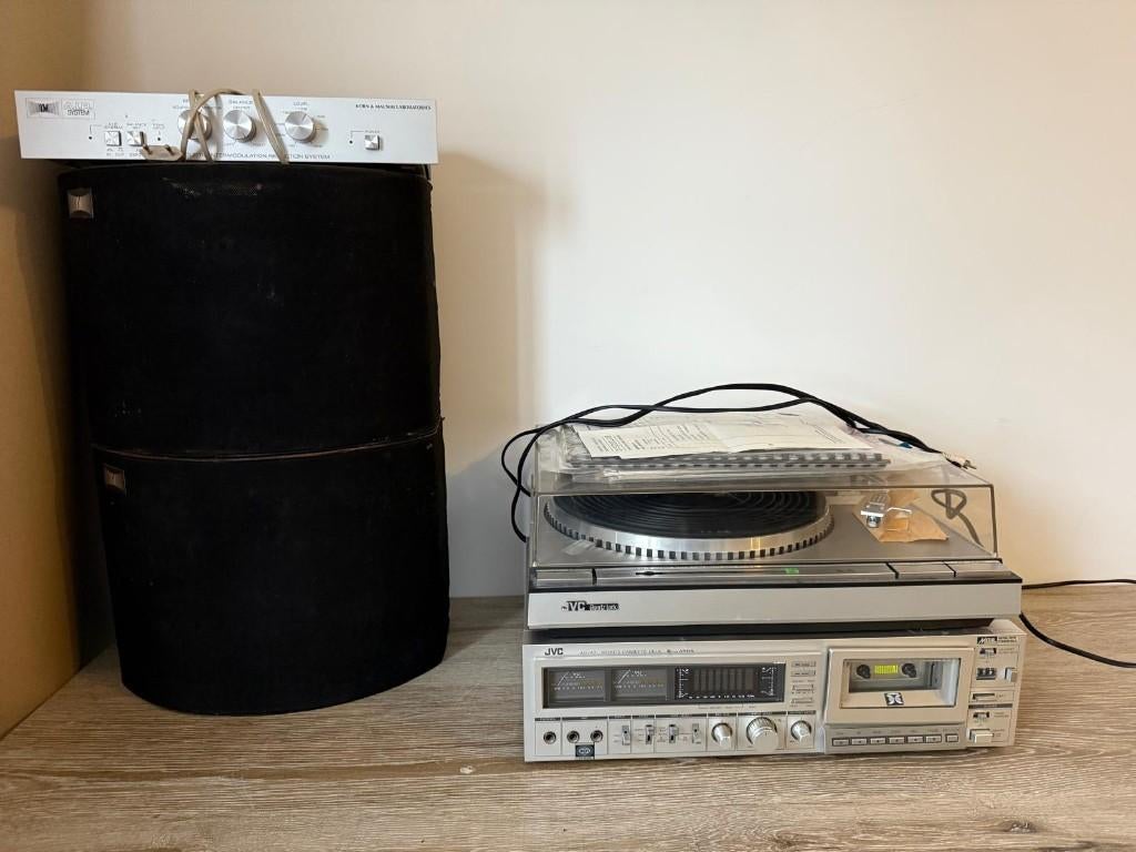 JVC set – QL-A5 platenspeler + KD-A7 cassette + KM speakers, Enlèvement, Utilisé, Haut-parleurs, JVC
