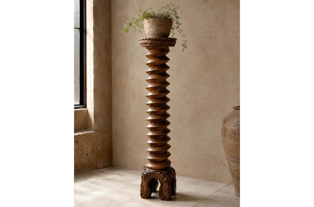 Oude Franse houten plantenzuil met druivenmotief, Ophalen