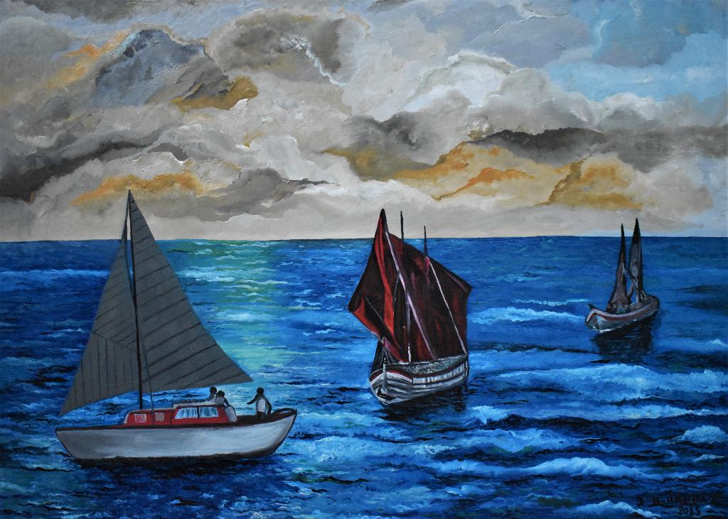 Schilderij zeegezicht 3 zeilboot, door joky kamo, Antiek en Kunst, Ophalen, Landschap