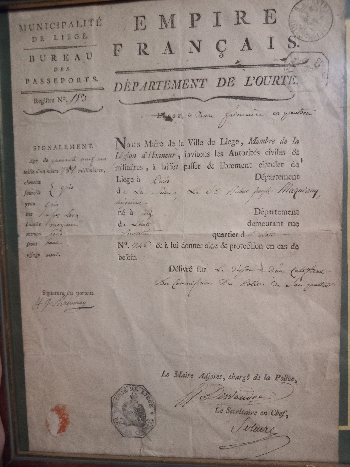 Napoleonistische civiel paspoort 1805 Luik Ourthe., Ophalen of Verzenden