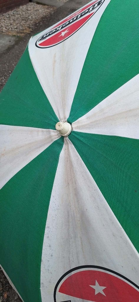 Vrolijke vintage reclame parasol, parasols, div. soorten🌞, Ophalen of Verzenden, Gebruikt, 1 tot 2 meter, Stokparasol