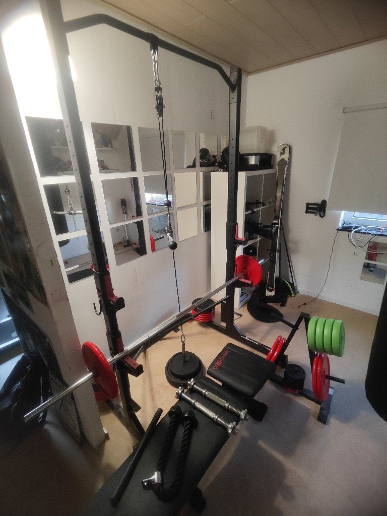 gym à domicile : squat rack, banc, haltère, câble et 140 kg, Sports & Fitness, Équipement de fitness, Enlèvement, Comme neuf, Bras