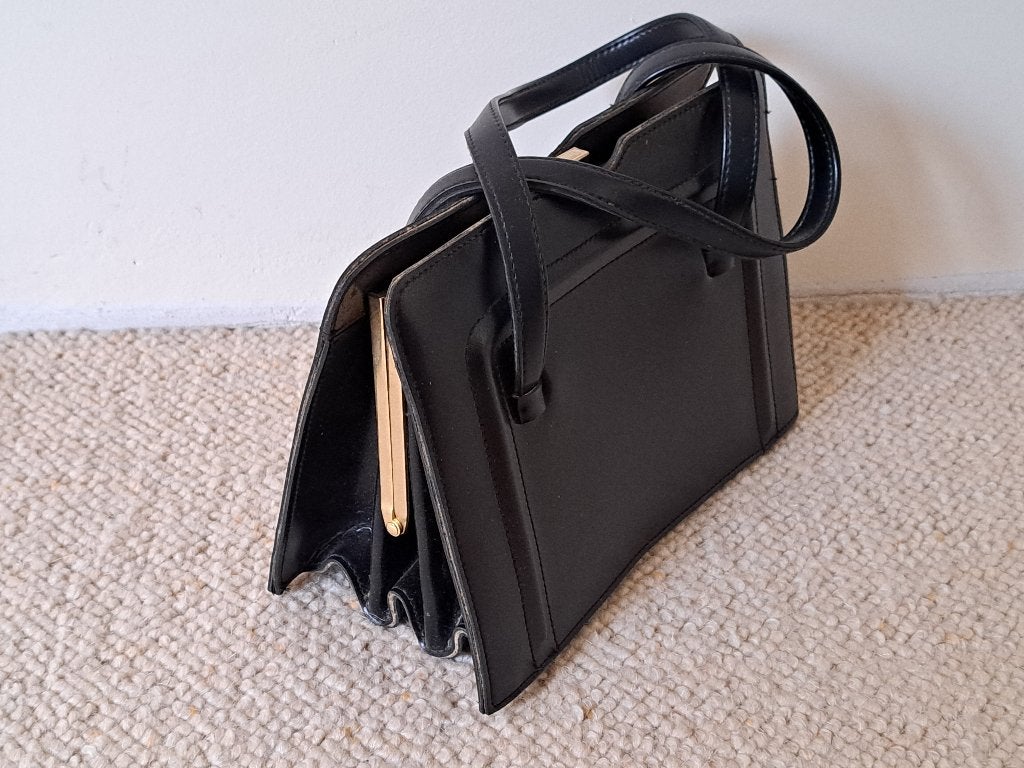 Vintage zwart lederen handtas, Ophalen of Verzenden, Gebruikt, Zwart, Handtas