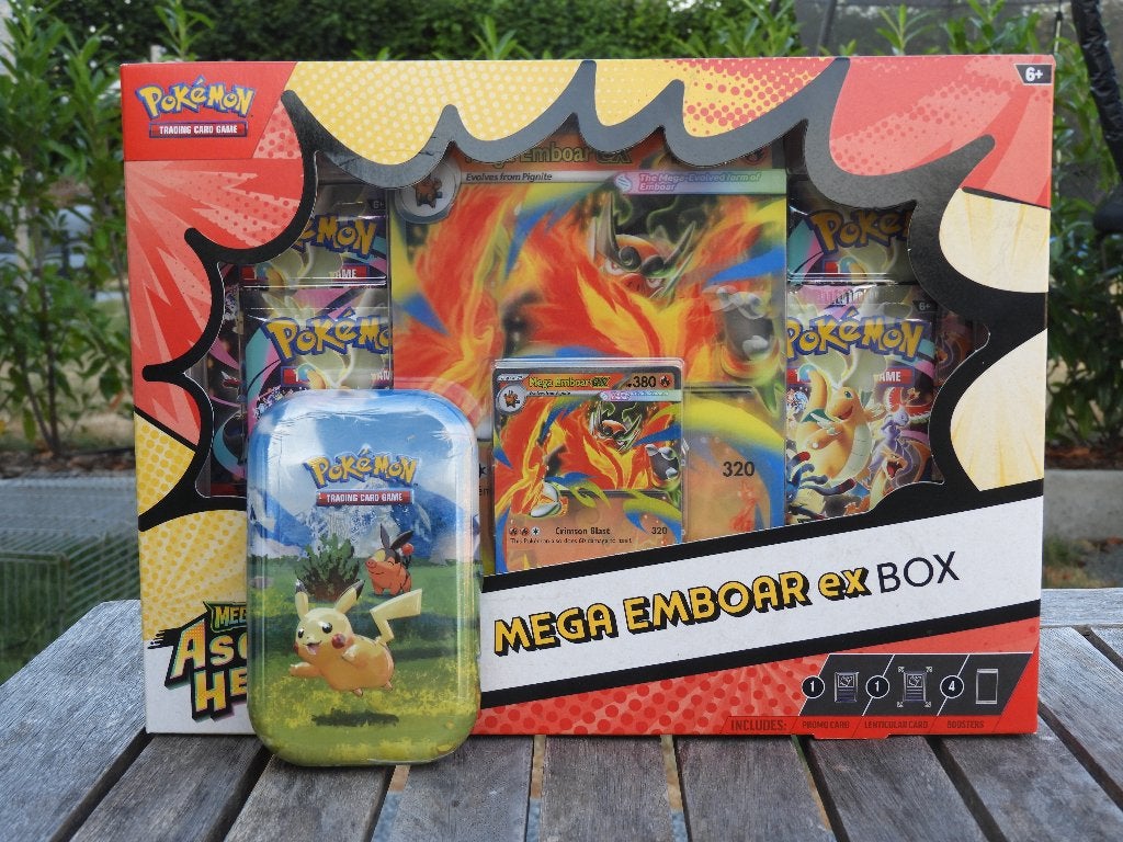 Ascended Heroes, Emboar ex Box + Pikachu Mini Tin (Sealed), Ophalen of Verzenden, Nieuw, Boosterbox, Foil