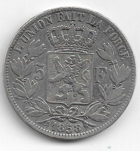 Belgique : 5 francs 1858 FR - le plus rare = morin 44, Monnaie en vrac, Argent, Argent, Envoi