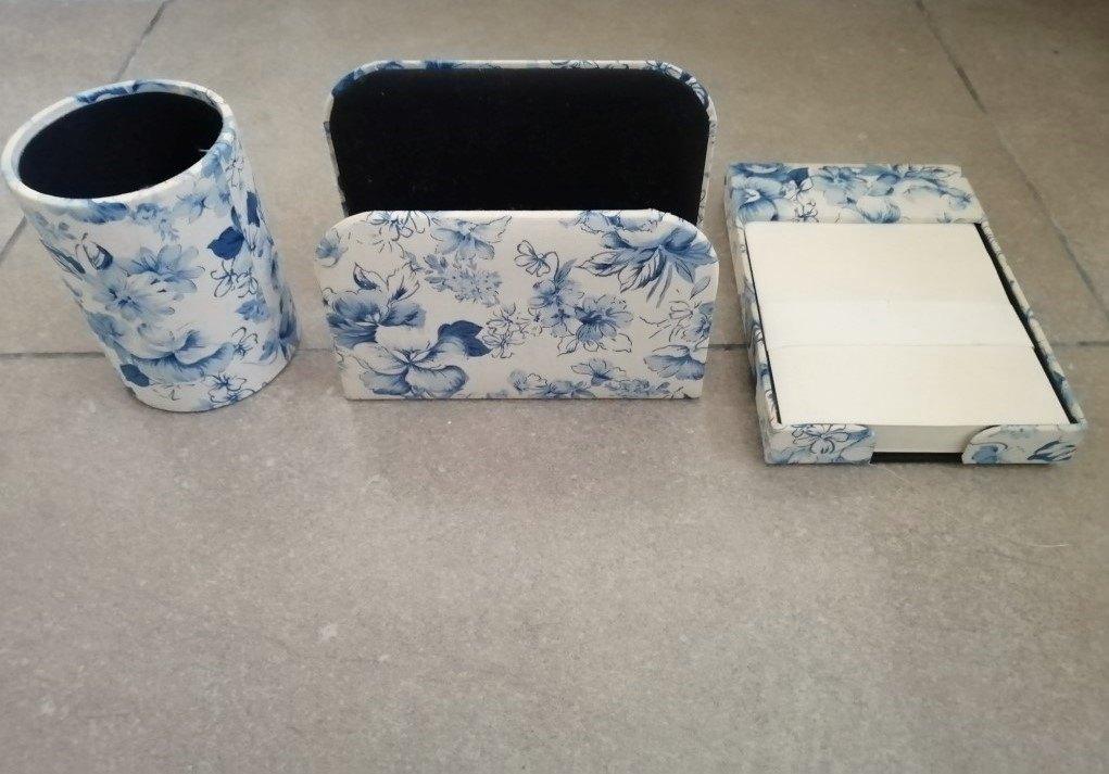 Vintage 3-Delige Bureau Set in Blauwe Toile de Jouy, Ophalen of Verzenden, Zo goed als nieuw