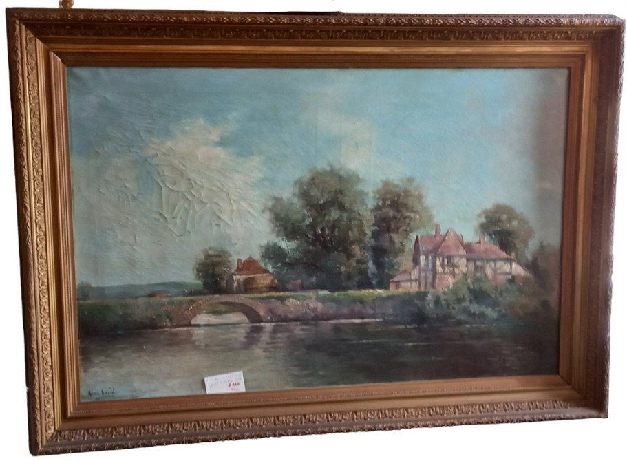 René Bazin "groot landschap uit 1898"., Antiek en Kunst, Ophalen, Olieverf, Landschap, Doek