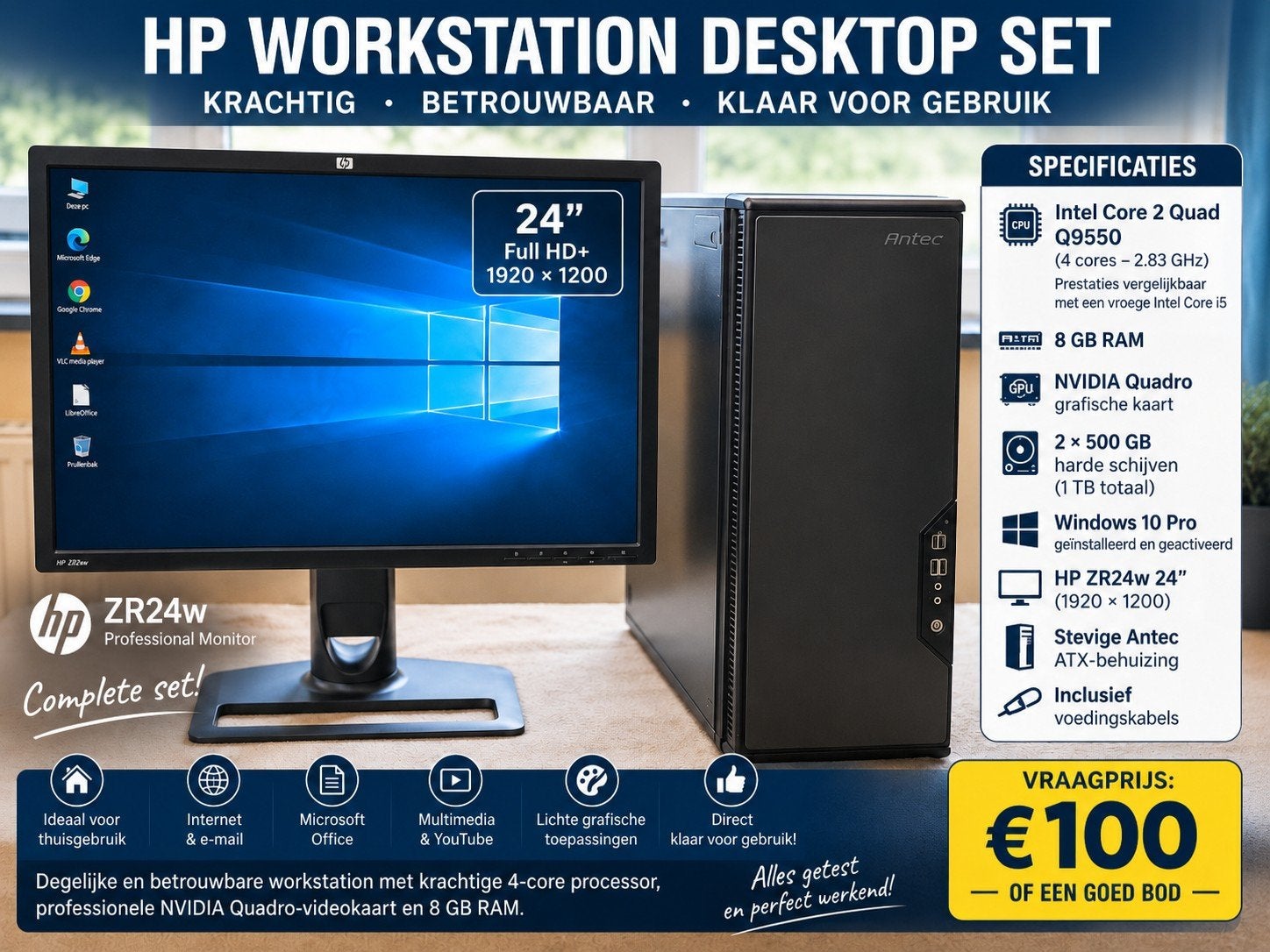 HP Workstation + HP 24" Monitor – Klaar voor gebruik – €100?, Computers en Software, Ophalen