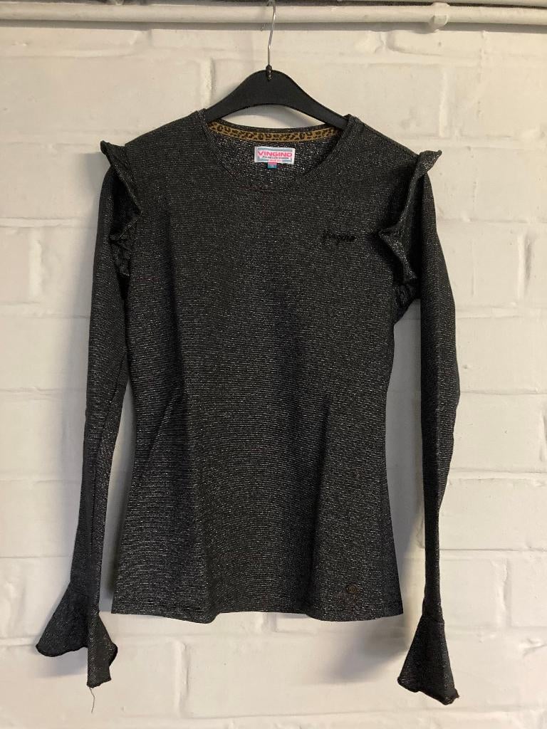 Zwart met zilver gespikkeld t-shirt lange mouw, Vingino, 164, Kinderen en Baby's, Meisje, Ophalen of Verzenden, Zo goed als nieuw
