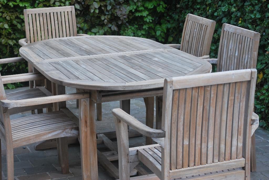teak tafel met zes stapelbare stoelen, Jardin & Terrasse, Tables de jardin, Enlèvement, Comme neuf, Ovale, Bois de teck