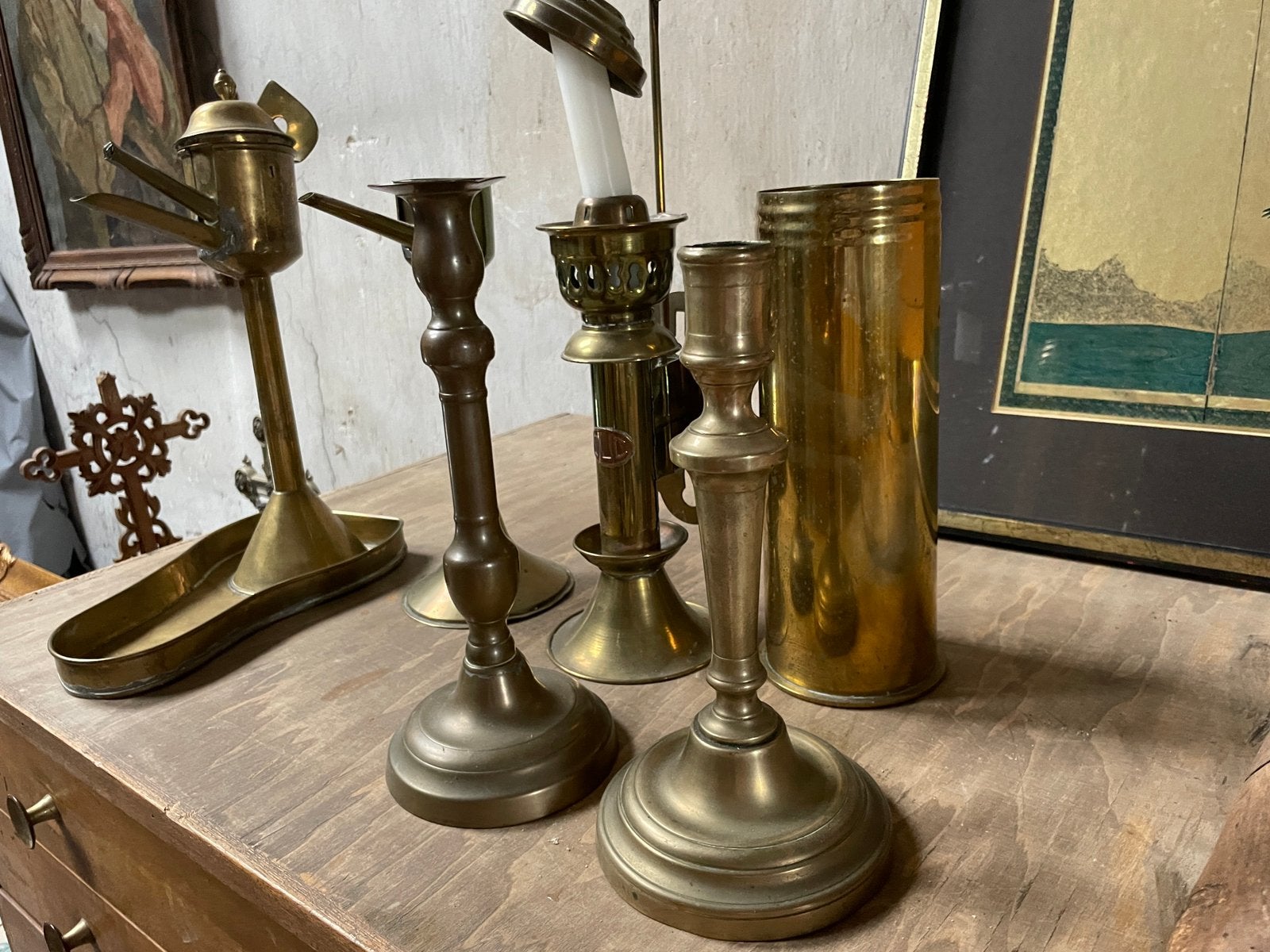Olielampen, kandelaars en schelppatronen van koper-messing, Ophalen, Koper of Brons