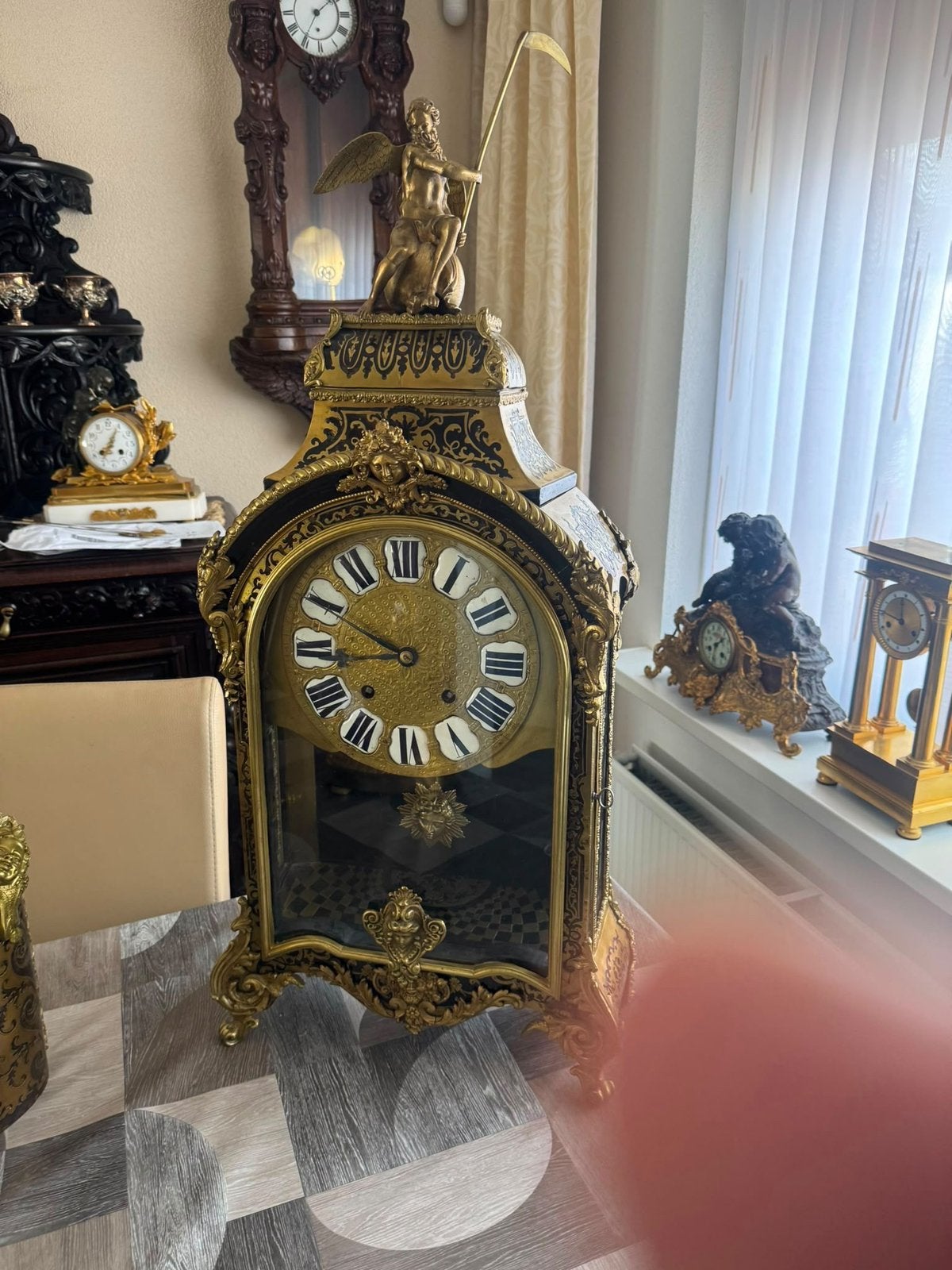 Grote eerste periode boulle klok vadertje tijd met console, Antiek en Kunst, Ophalen of Verzenden