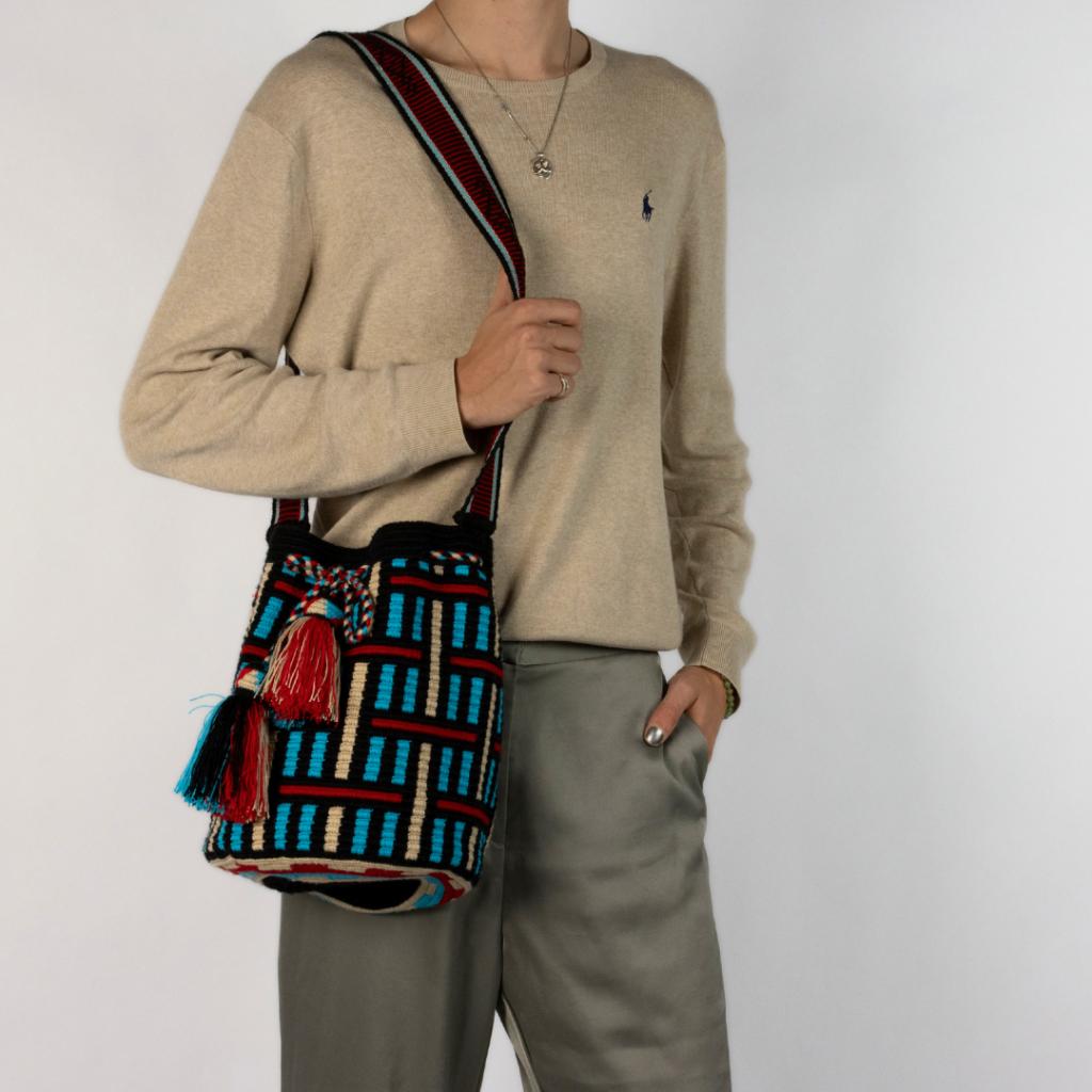 Häkeltas Boho originele Wayuu schoudertas uit Colombia, Handtassen en Accessoires, Tassen | Damestassen, Nieuw, Blauw, Verzenden