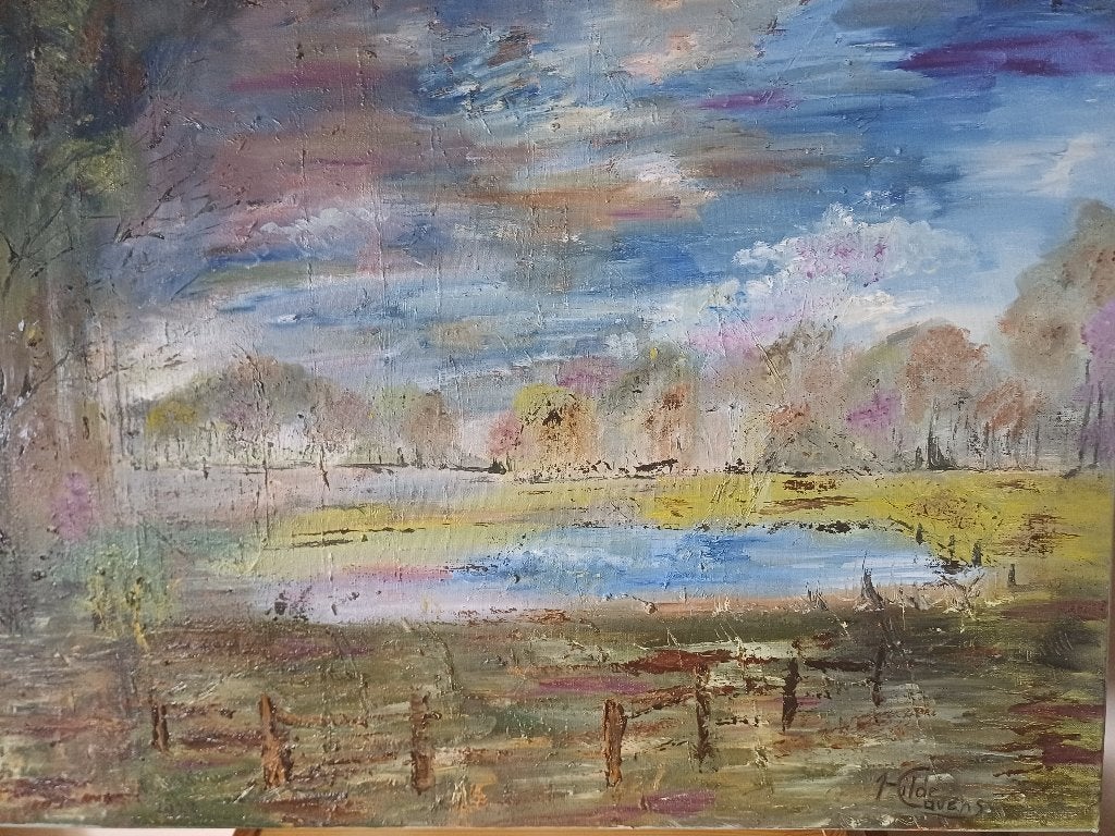 Schilderij 'after the rain' olieverf paletmes, nieuw., Antiek en Kunst, Ophalen, Olieverf