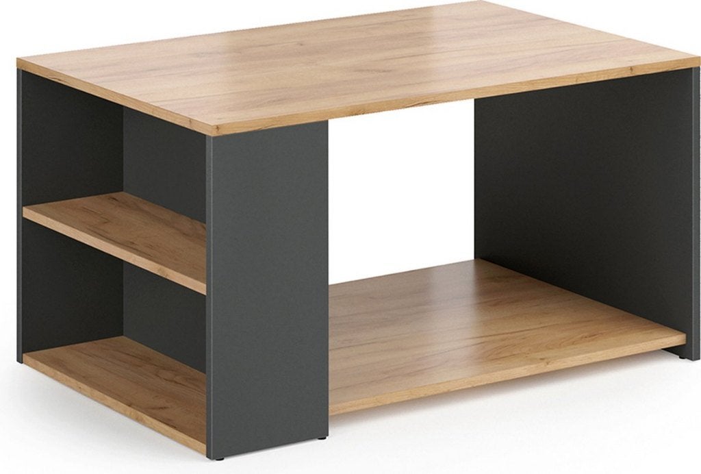 Modern Coffee Table – 90x60 cm – Grey/Wood – Storage Shelves, Huis en Inrichting, Ophalen, 50 – 75, Gebruikt, 50 tot 100 cm
