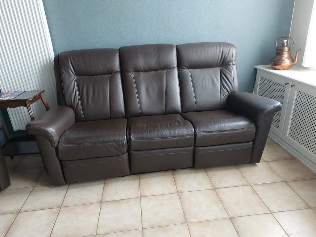 Lederen driezit met 2 relaxen, Ophalen, Gebruikt, 150 tot 200 cm, Driepersoons
