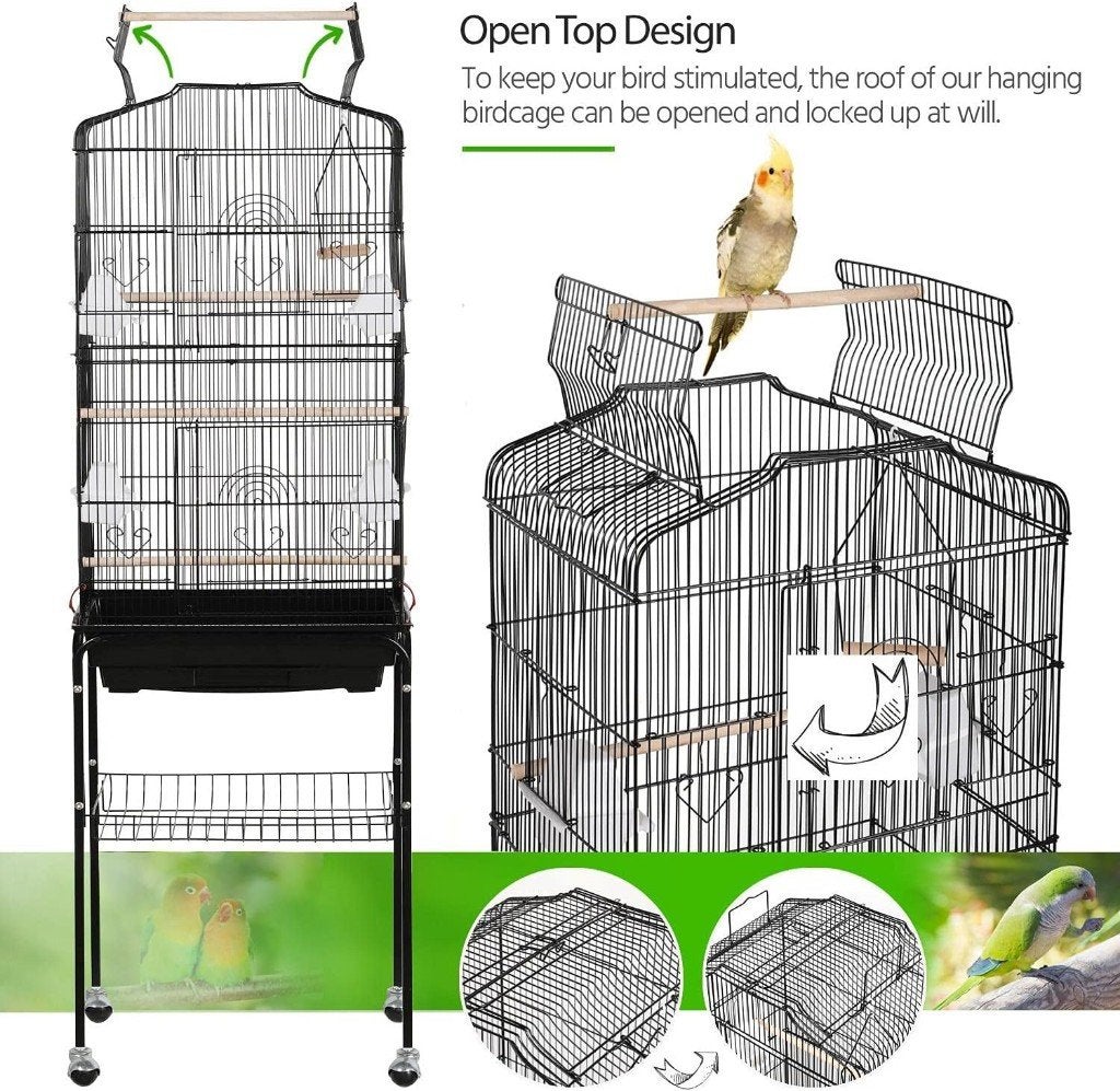 Vogelkooi zwart met open dak, onderstel en wielen, Ophalen, Nieuw, Metaal, Vogelkooi