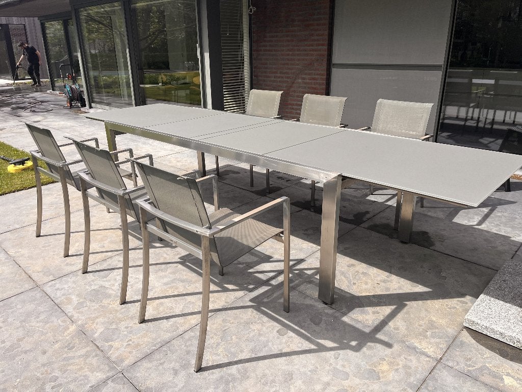 Uitschuifbare tuintafel inox + 6 stoelen inox, Inox, Table à dinner, Salons de jardin, Utilisé
