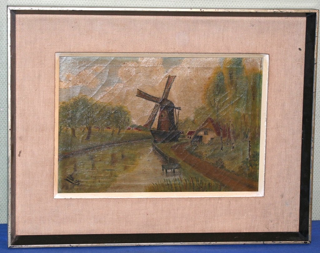 Molen - Oude schilderij - Olie op doek - Gesigneerd, Enlèvement ou Envoi, Signé, Peinture à l'huile, Toile