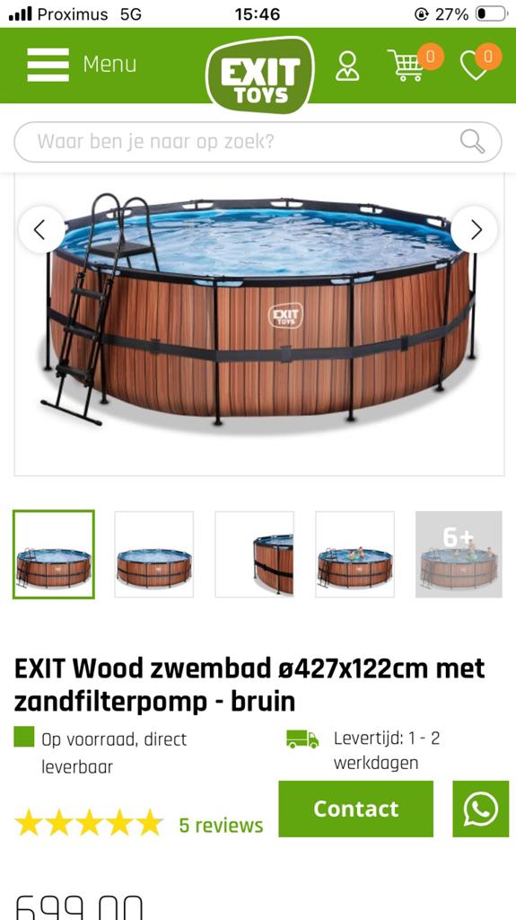 Exit houtlook zwembad 427x122cm met zandfilterpomp en ladder, Gebruikt, Rond, 300 cm of meer, Ophalen