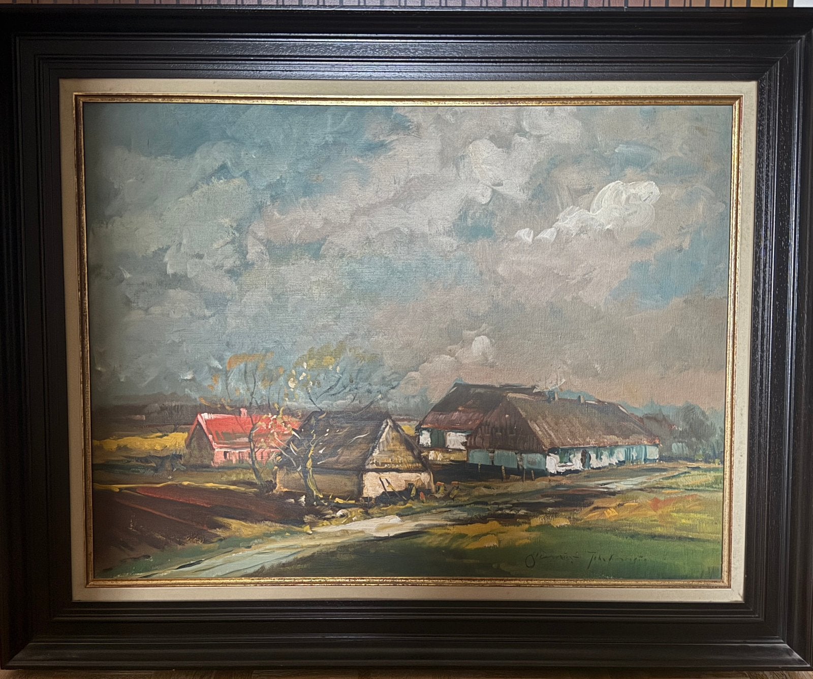 Landelijk schilderij (boerderij) olieverf op doek 86 x 67 cm, Enlèvement