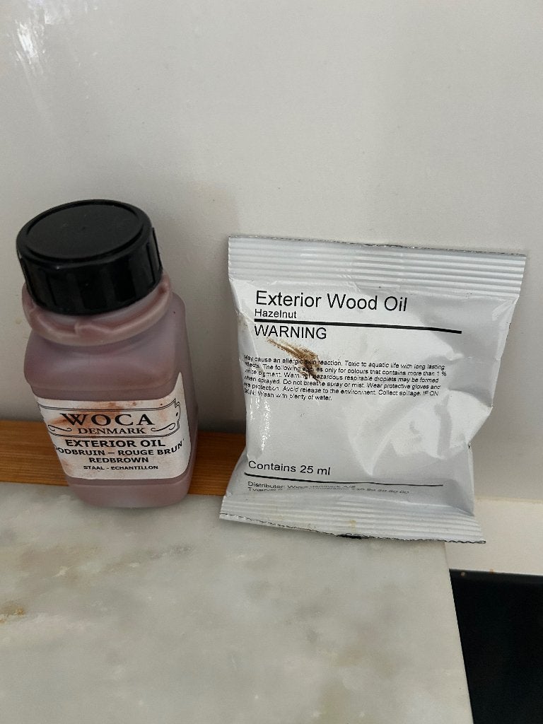 Woca exterior oil roodbruin en hazelnut, Bricolage & Construction, Moins de 5 litres, Enlèvement ou Envoi, Autres couleurs, Comme neuf