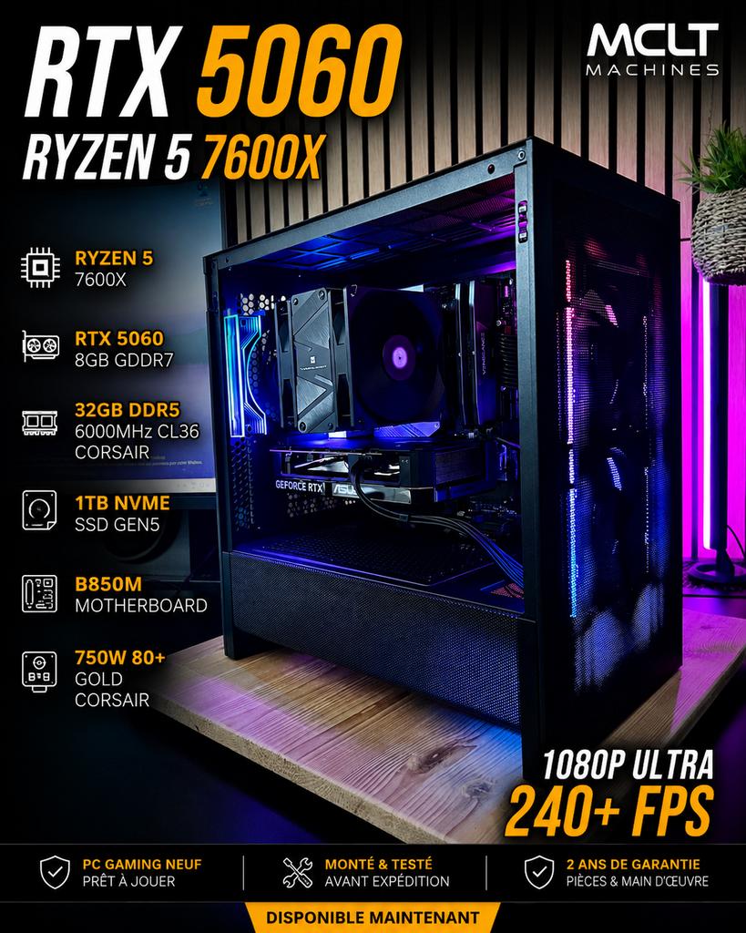 PC GAMING HAUTE PERFORMANCE – RTX 5060 / Ryzen 5 7600X, Neuf, 32 GB, Virtual Reality, 4 Ghz ou plus