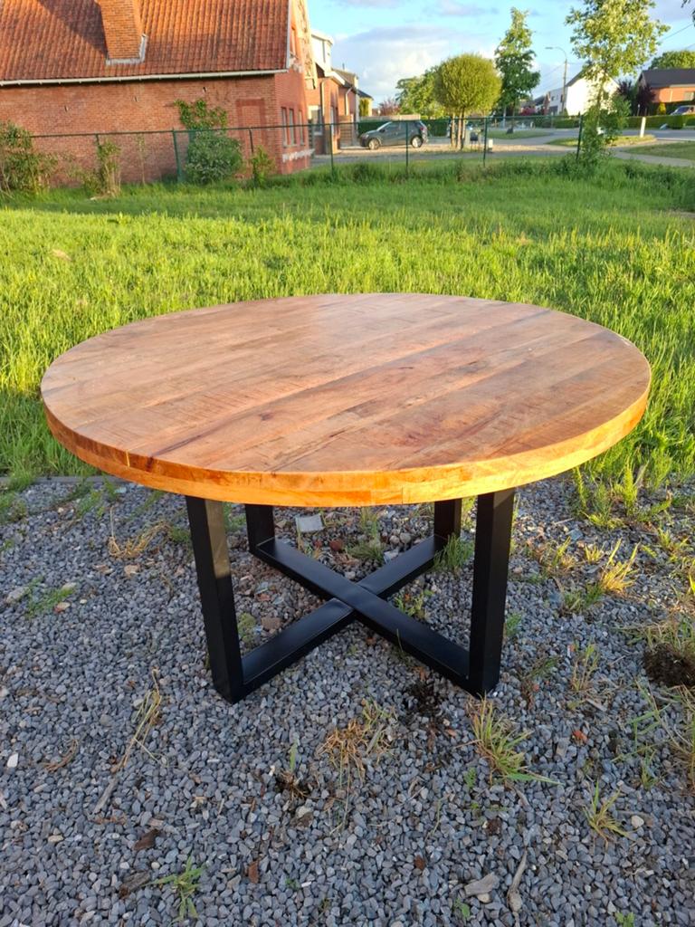 Mango houten eettafel rond industrieel, Huis en Inrichting, Tafels | Eettafels, Ophalen, 100 tot 150 cm, Rond, Zo goed als nieuw