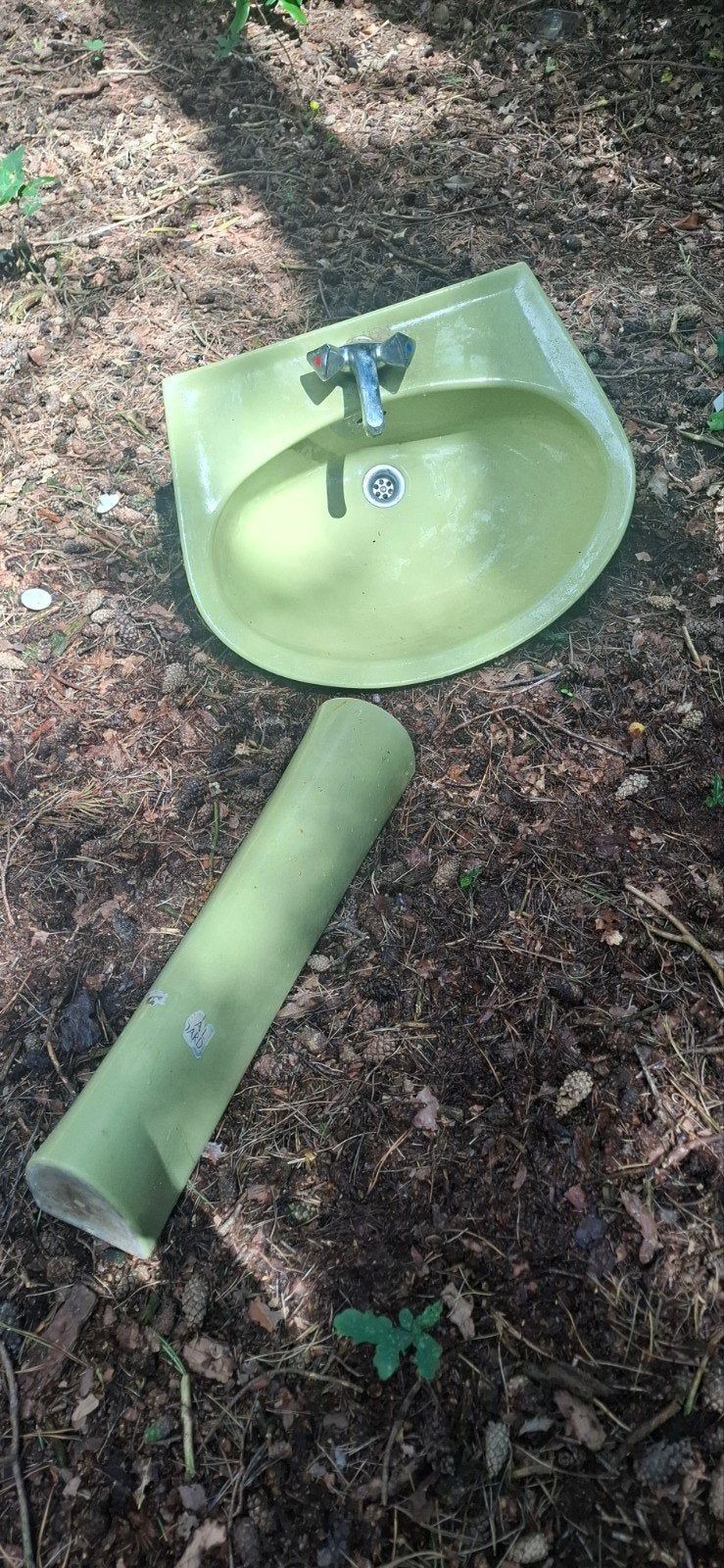 Vintage retro groene lavabo met zuil en handdoekhouder, Ophalen, Gebruikt, Wastafel