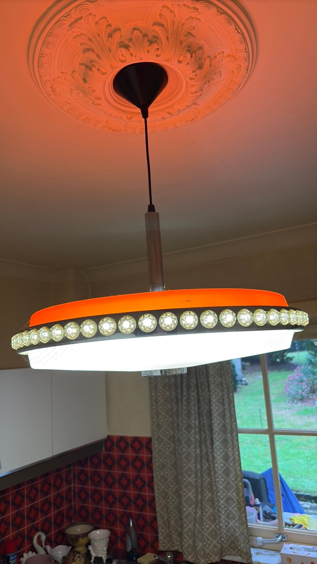 Space Age UFO-plafond lamp, intact!, Comme neuf, Enlèvement, Années 70, Orange