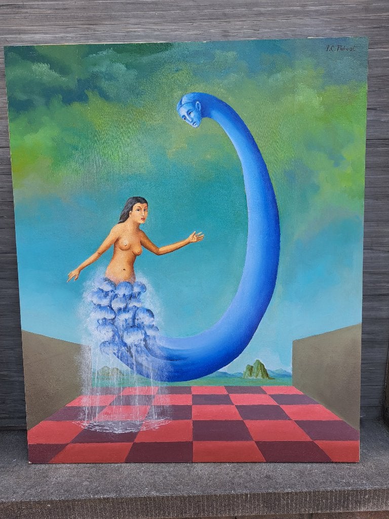 huile sur panneau utopia signe carl prevot, Antiek en Kunst, Ophalen of Verzenden, Paneel