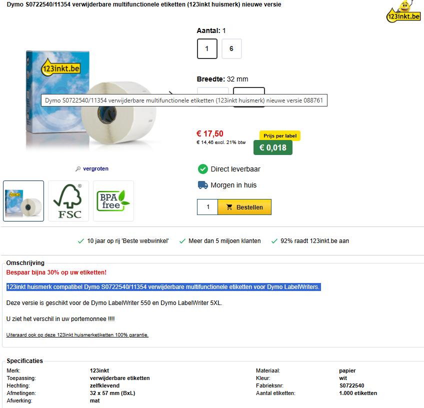 3 x 123inkt compatibel Dymo label 57x32 /11354 verwijderbaar, Computers en Software, Labelprinters, Dymo, Nieuw, Ophalen of Verzenden