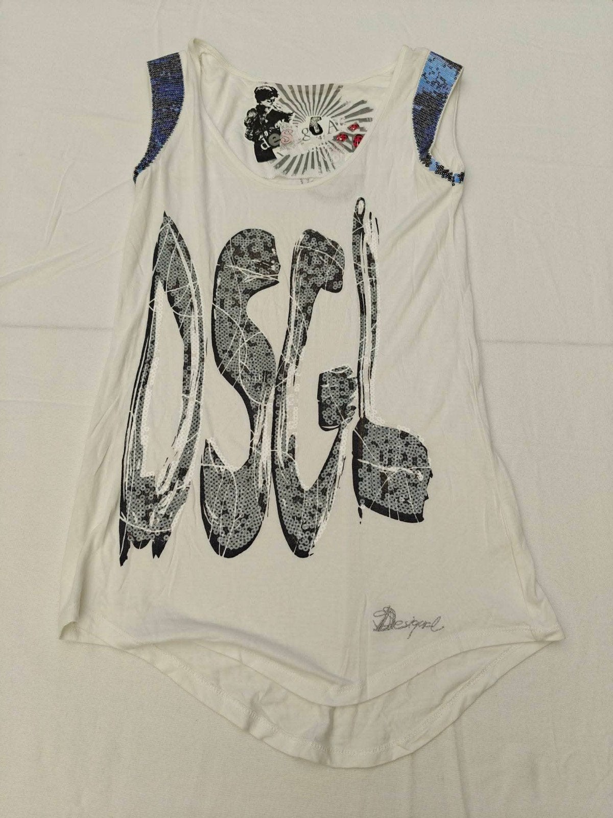 Desigual – Débardeur femme blanc à sequins – Taille M, Sans manches, Taille 38/40 (M), Enlèvement ou Envoi, Comme neuf