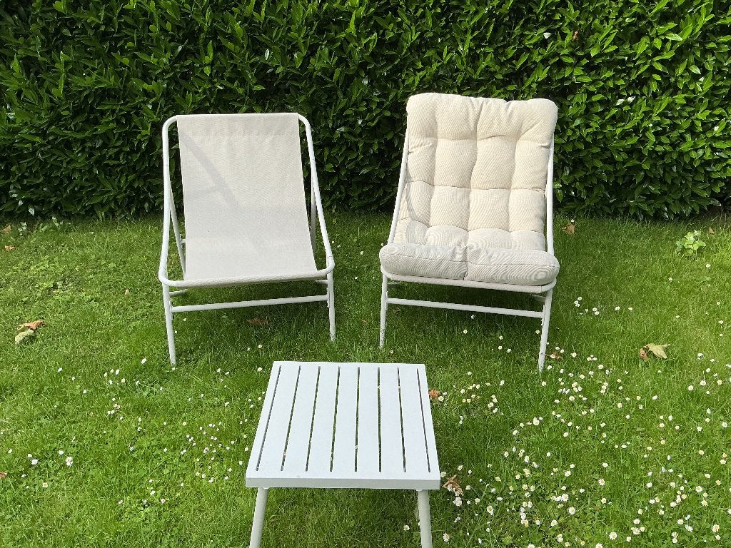 2 loungezetels met kussen en bijzettafel, Ophalen, Zo goed als nieuw, Aluminium
