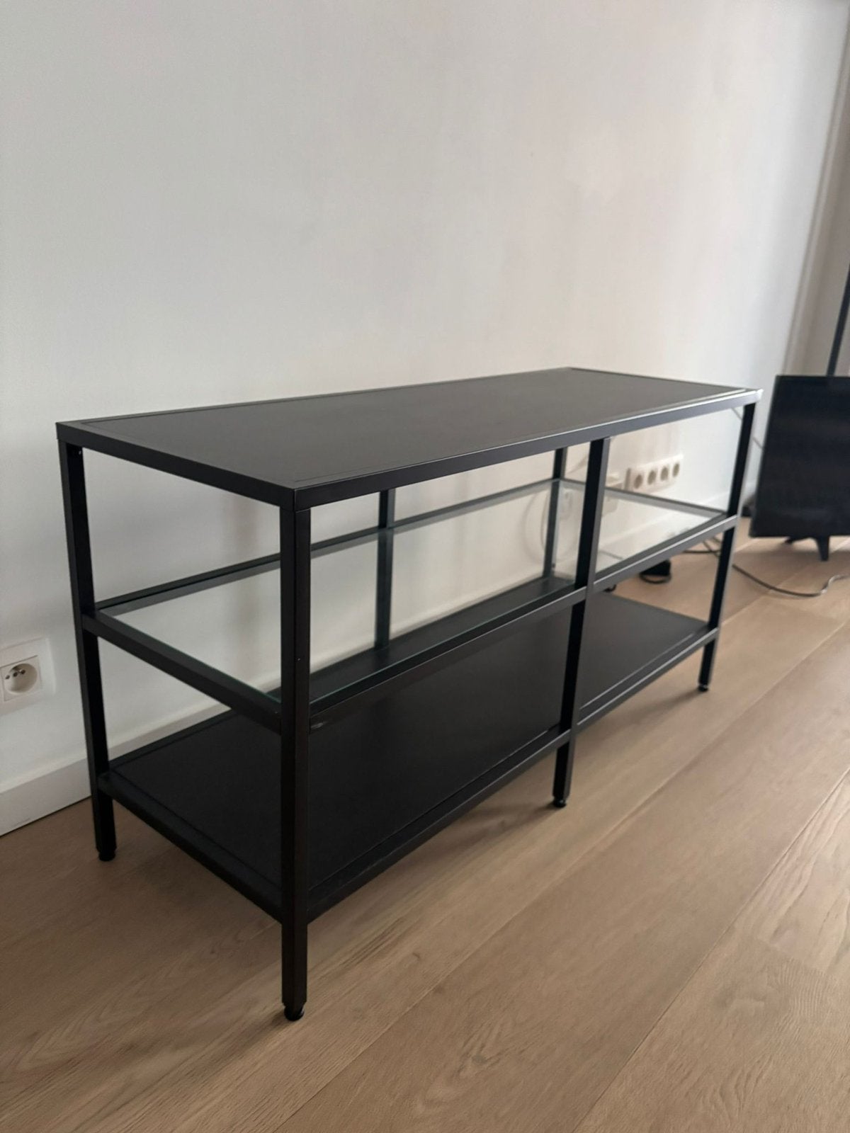 Modern zwart tv-meubel met glas en houtlook – 100 cm, 100 à 150 cm, 25 à 50 cm, Autres essences de bois, Comme neuf
