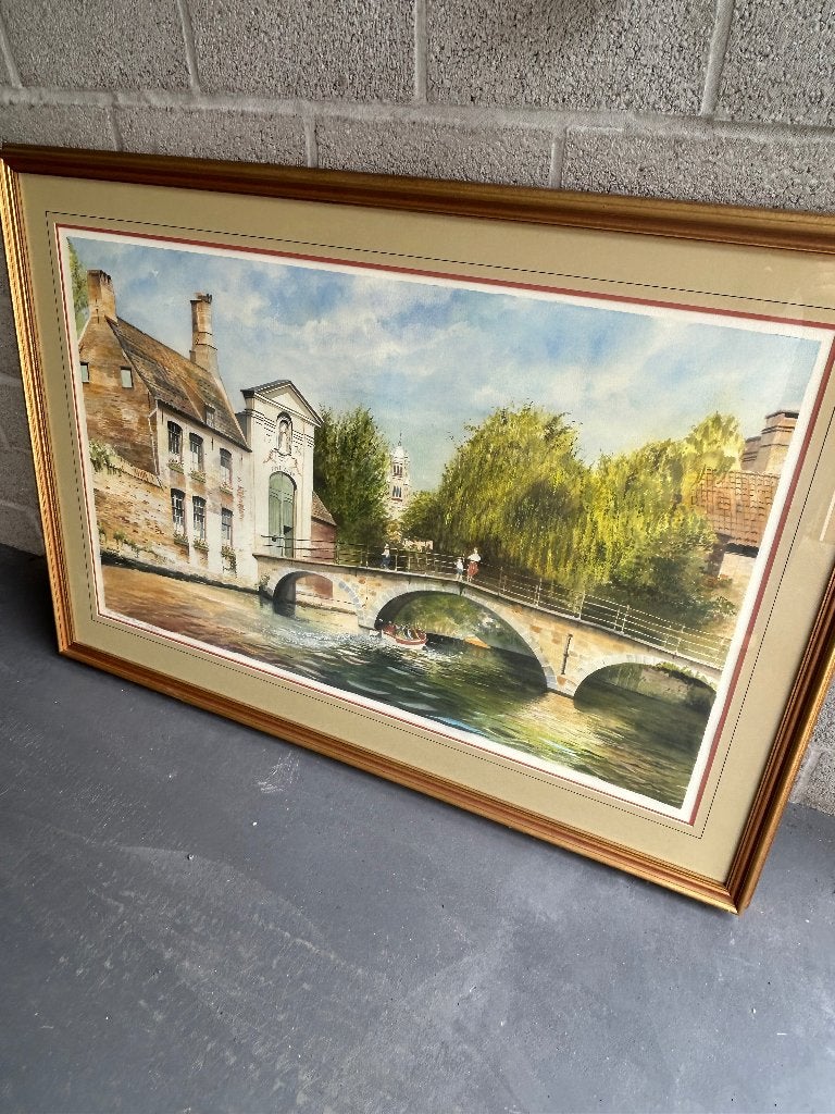 Grande aquarelle originale le beguinage Brugge, Antiquités & Art, Encadré, Aquarelle, Enlèvement, Papier