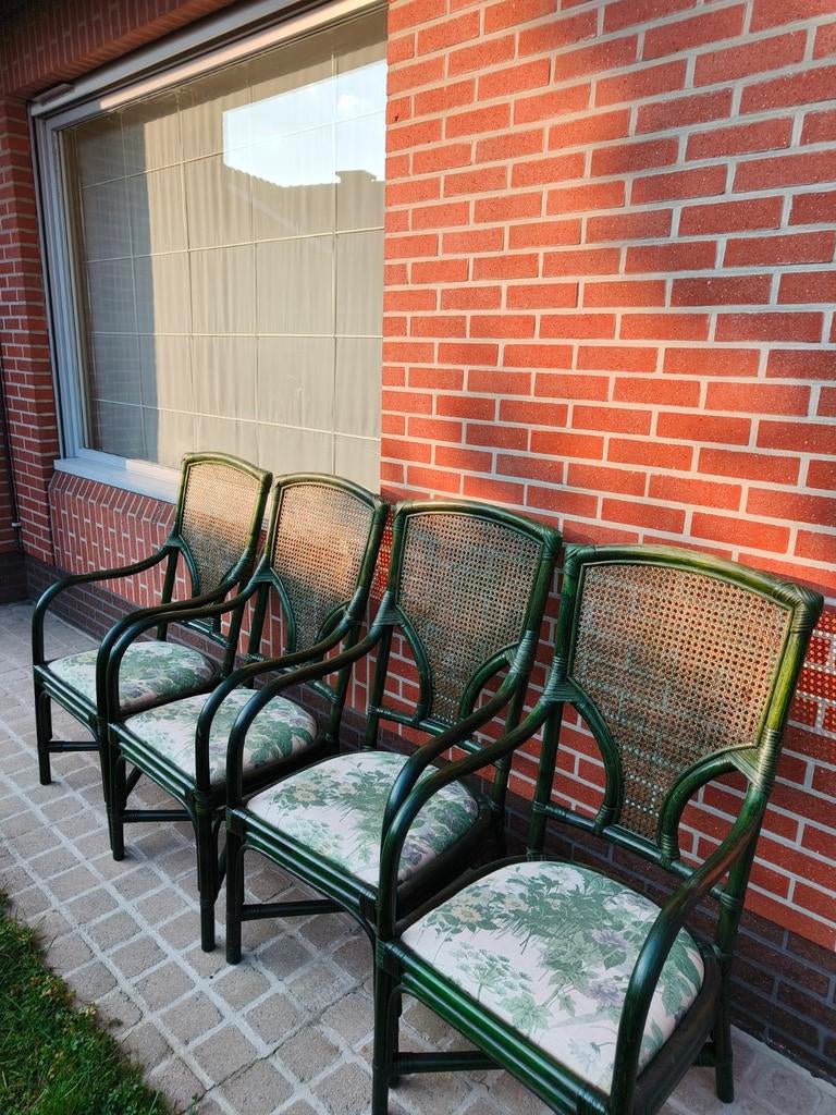 Rotan/Bamboe stoelen, groen, zitting ecru/groen bm, Huis en Inrichting, Stoelen, Ophalen
